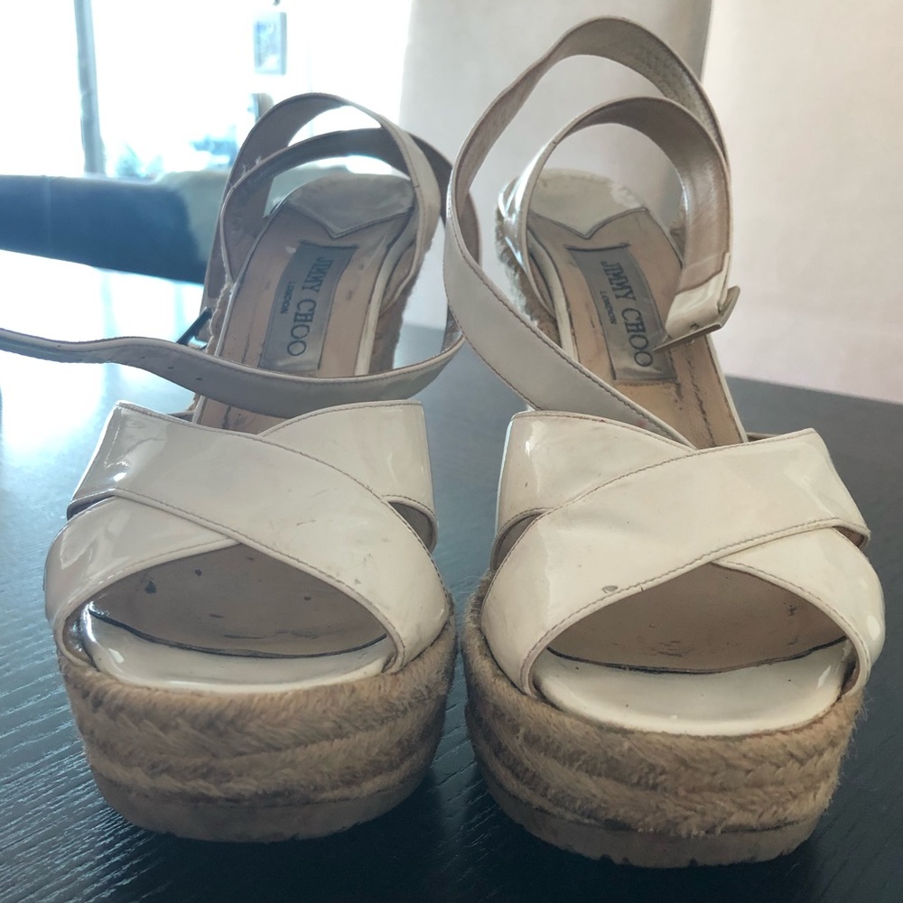 Jimmy Choo White Patent Leather Espadrille Wedges